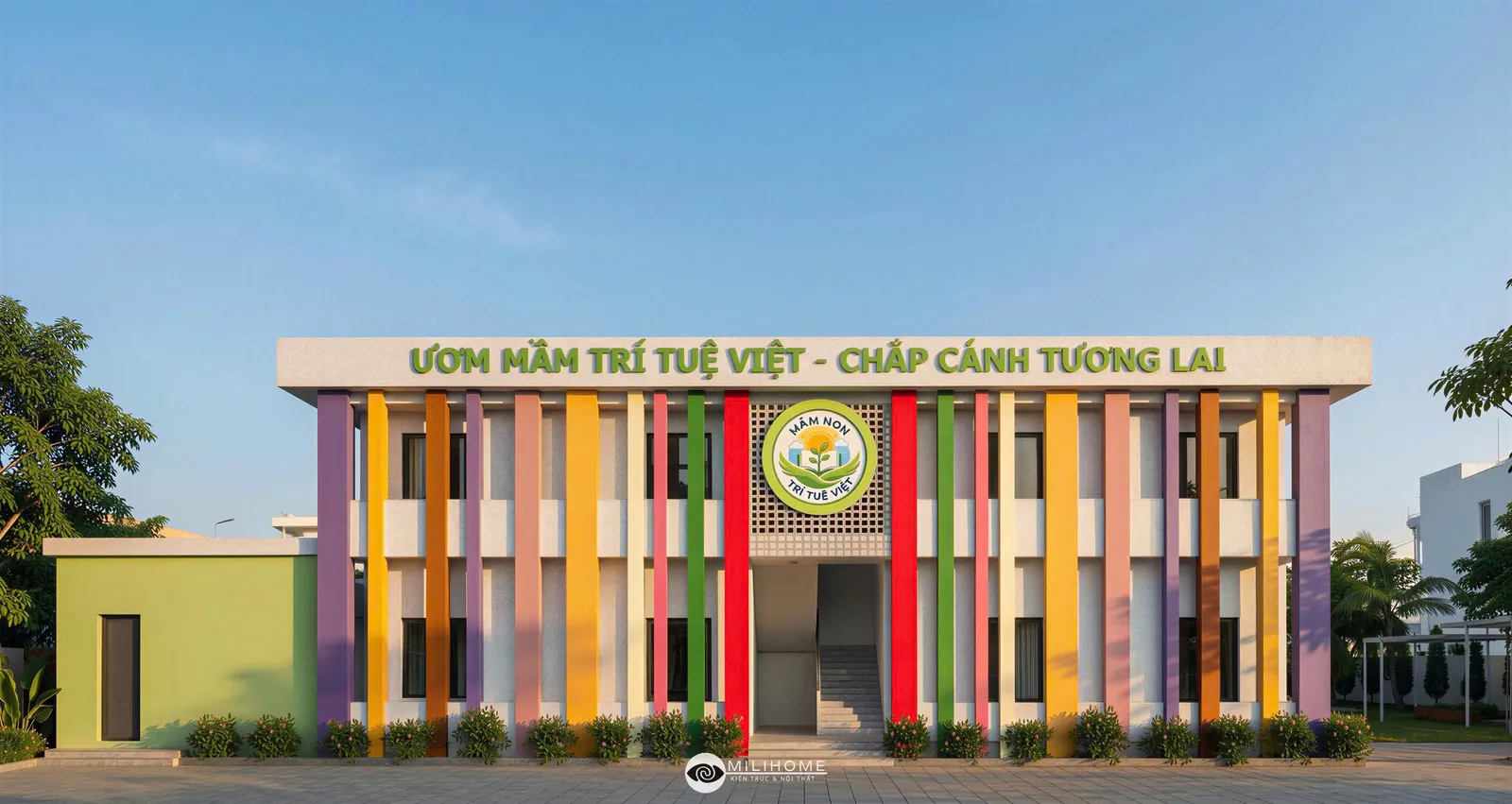Mặt tiền tòa nhà chính của Mầm Non Trí Tuệ Việt
